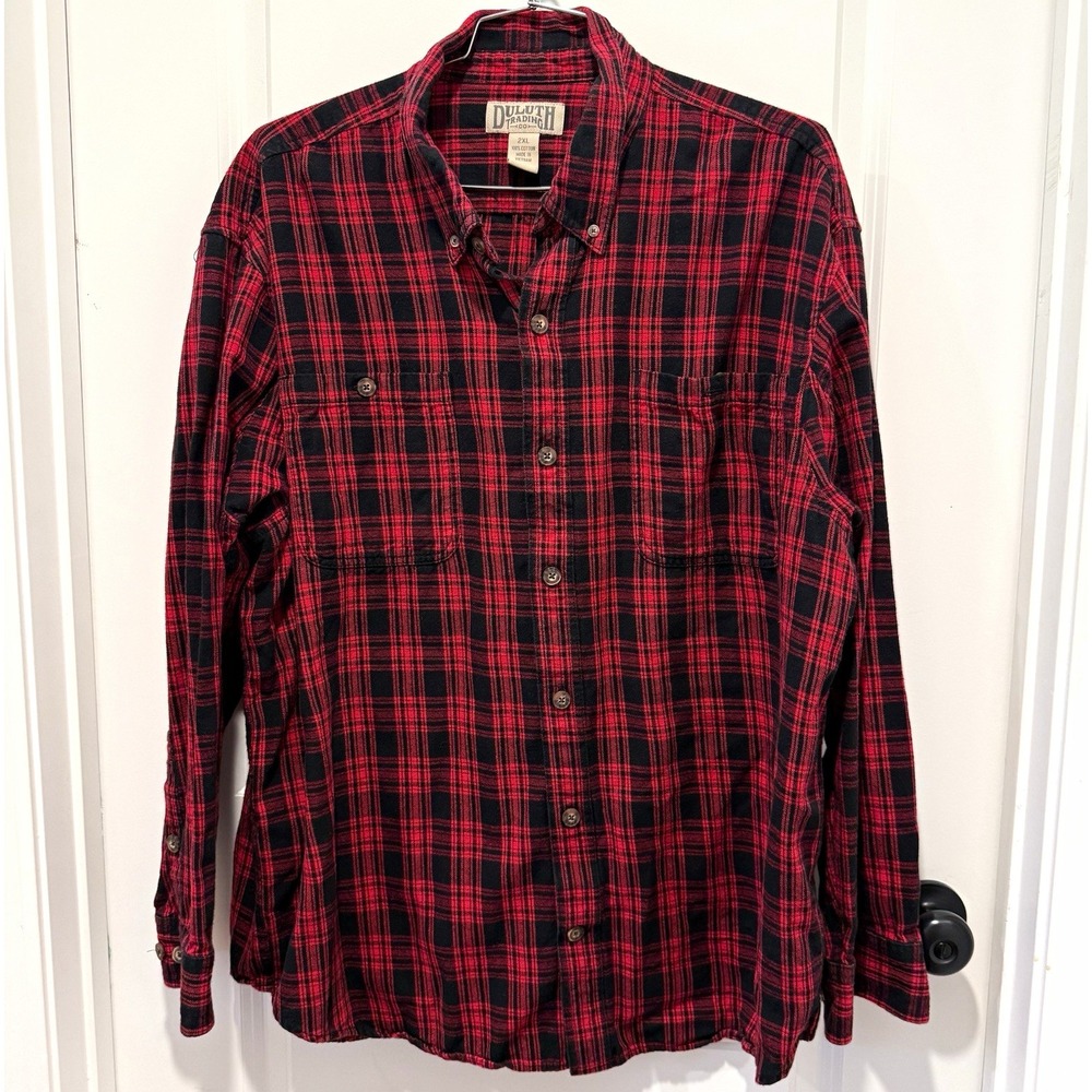 Duluth Trading Co Mens 2XL Red Black Plaid Flannel Button Down Shirt 3237-30